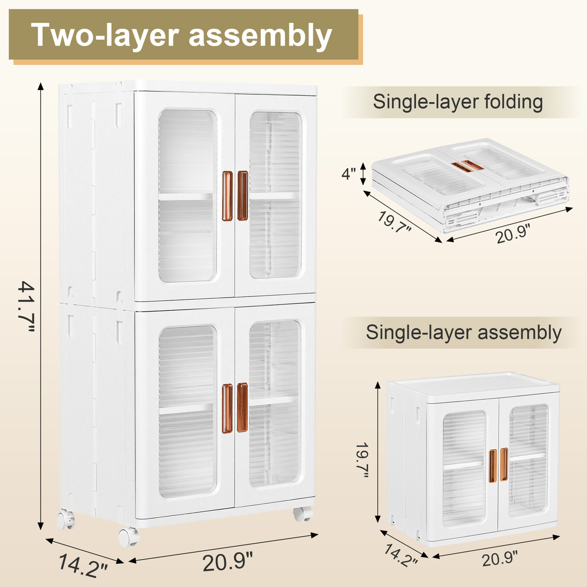 2-Tier Stackable Storage Bin With Doors And Adjustable Shelves Rolling Plastic Folding Storage Cabinet Collapsible Closet For Home Dorms Organizer